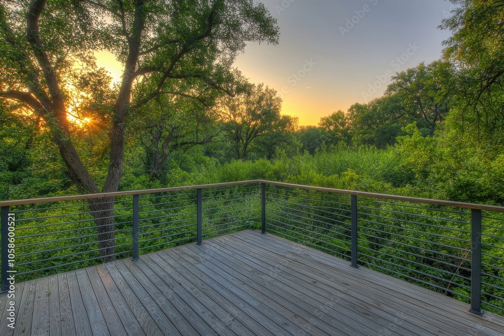 Obraz premium A serene wooden deck overlooks a lush green landscape at sunset, creating a tranquil outdoor retreat.