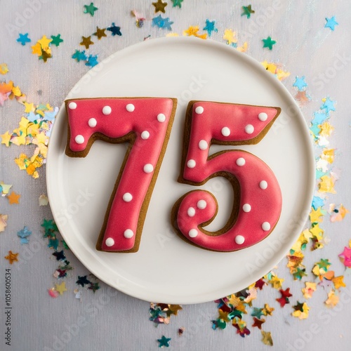 Decorated cookie, number 75, image for birthday or anniversary celebration photo