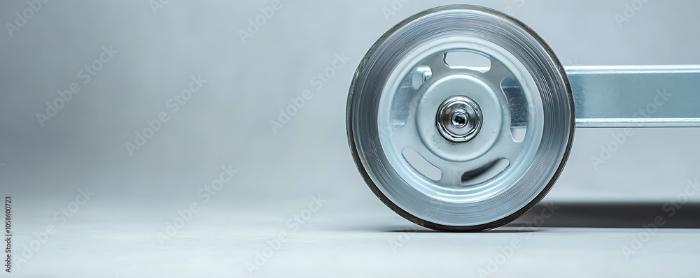 A close-up of a metallic wheel on a cart, showcasing its design and functionality. A close-up of a metallic wheel on a cart, showcasing its design and functionality.