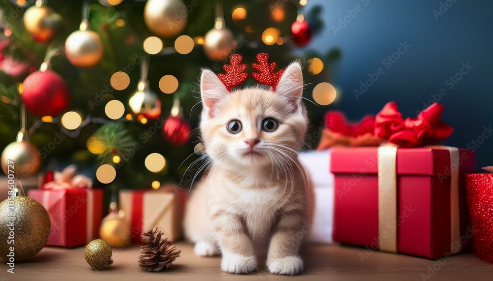 Obraz premium A little cat, kitten posing in front of the Christmas tree