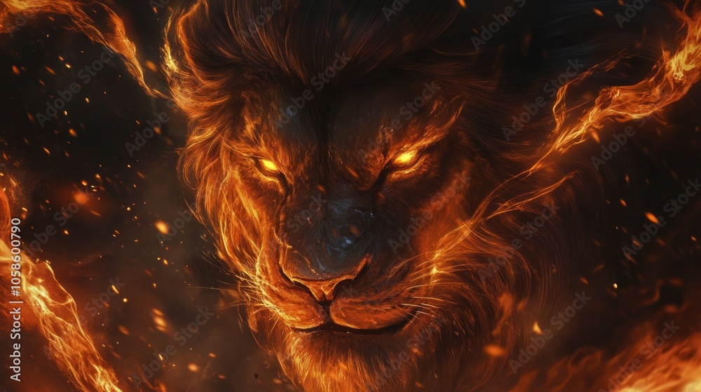 A fierce lion's face illuminated by fiery flames, conveying strength and power. A fierce lion's face illuminated by fiery flames, conveying strength and power.