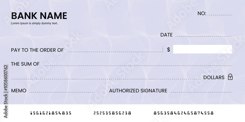 Blank bank check, checkbook cheque template or money payment paper voucher, vector mockup. Business or personal account cash pay cheque certificate or paycheck coupon from checkbook