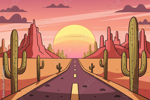 Desert Sunset: Cartoon Landscape with Cacti and Distant Road