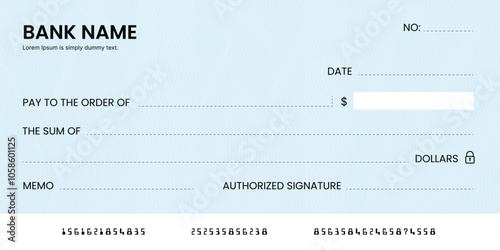 Blank bank check, checkbook cheque template or money payment paper voucher, vector mockup. Business or personal account cash pay cheque certificate or paycheck coupon from checkbook