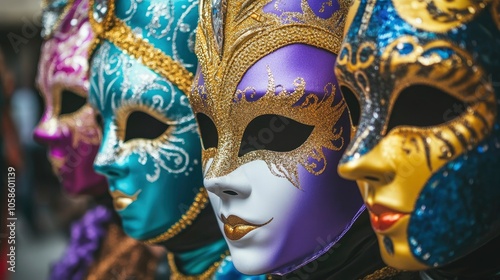 Colorful Venetian Masks in a Row