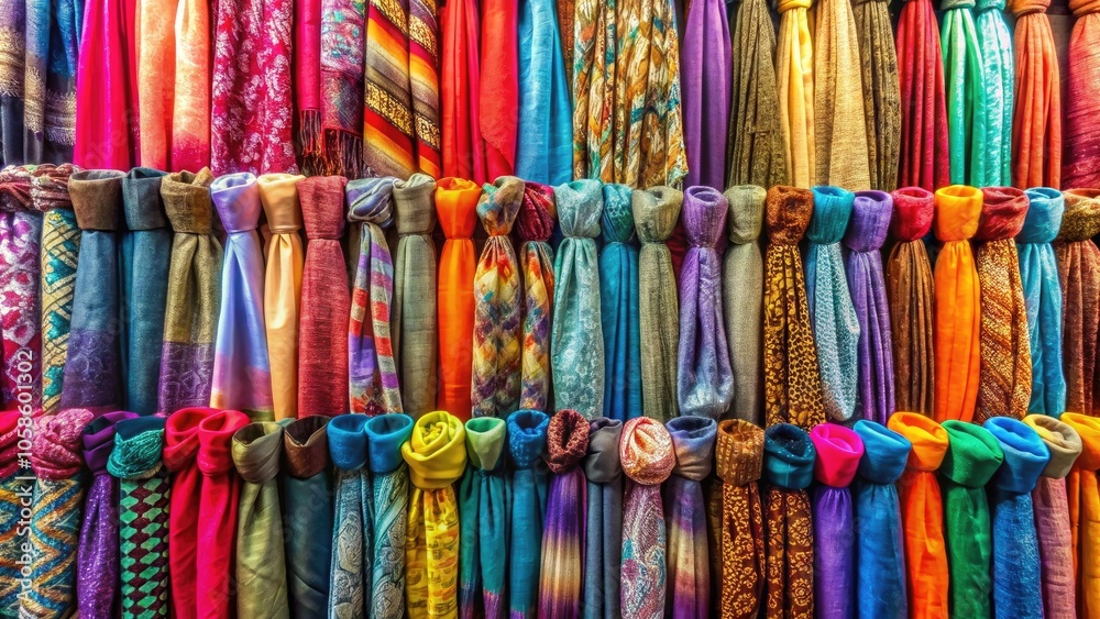 A vibrant collection of colorful scarves neatly arranged on display, showcasing various patterns and textures. A vibrant collection of colorful scarves neatly arranged on display, showcasing various patterns and textures.