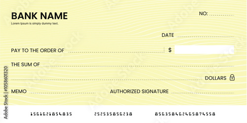 Blank bank check, checkbook cheque template or money payment paper voucher, vector mockup. Business or personal account cash pay cheque certificate or paycheck coupon from checkbook