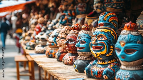 Colorful Traditional Masks on Display at a Market Stall