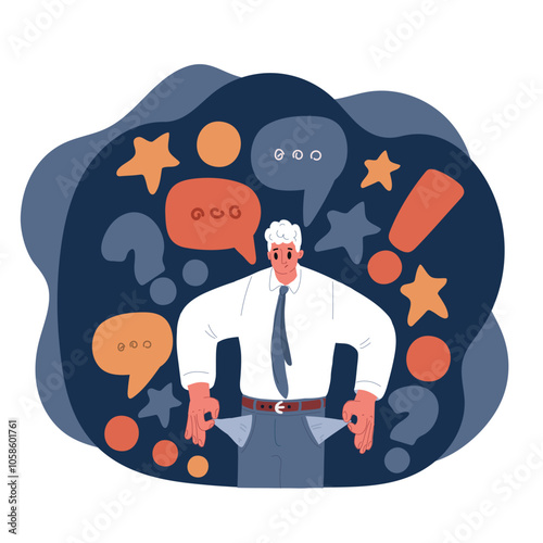 Cartoon vector illustration of a man emptying his pockets, revealing their emptiness, symbolizing the challenges of financial hardship and the reality of bankruptcy over dark background