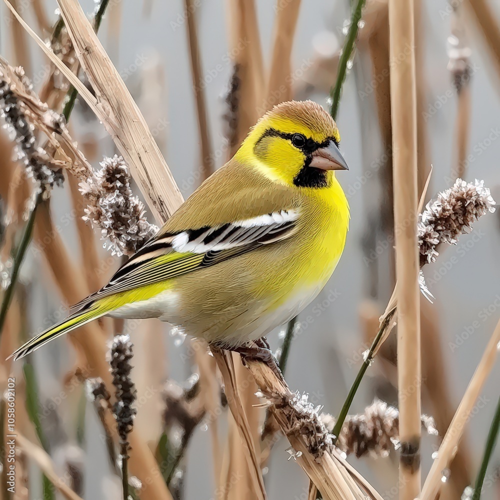 Obraz premium Bright yellow bird perched gracefully among winter reeds in a tranquil natural setting