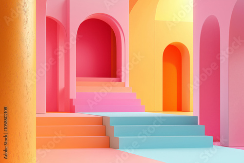 Colorful Geometric Interior with Arches and Stairs in Modern Abstract Design.