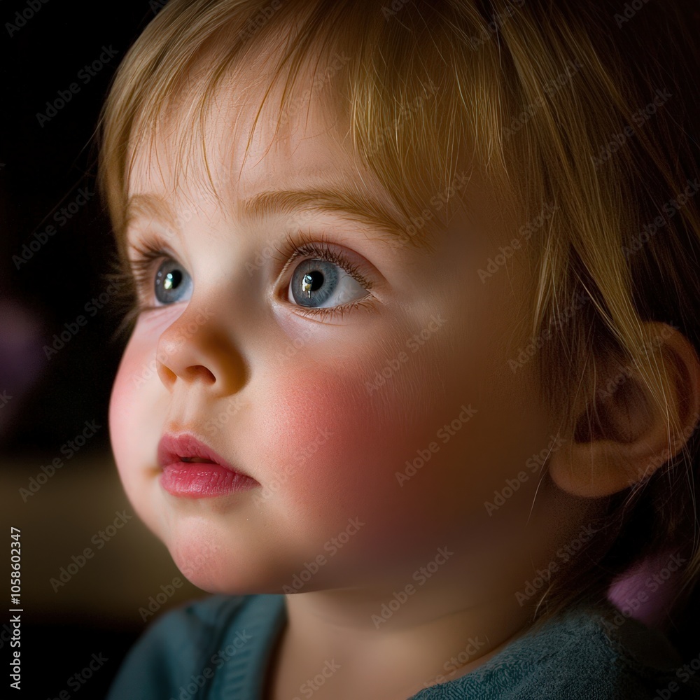 A curious toddler gazes intently, illuminated by soft light in a cozy indoor setting A curious toddler gazes intently, illuminated by soft light in a cozy indoor setting