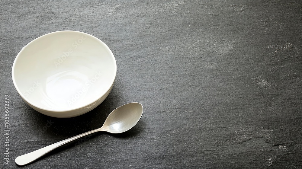 Empty white bowl and silver spoon on a dark gray background Empty white bowl and silver spoon on a dark gray background