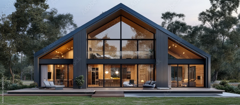 Fototapeta premium A rendered barn house design featuring a stylish mezzanine and expansive windows. 