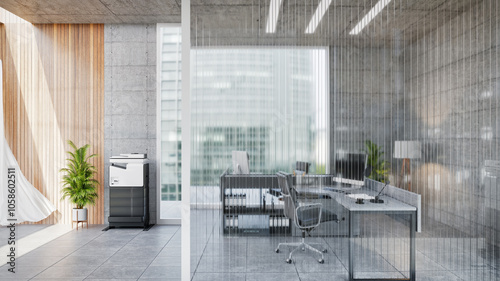 Modern office interior with glass partitions, minimalistic decor, and natural light... photo