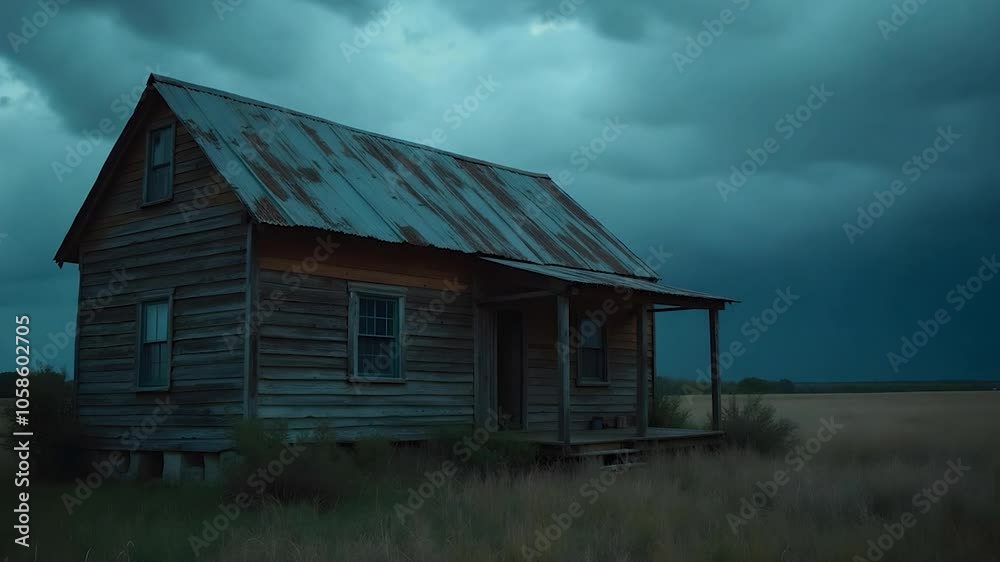 Old Wooden House in a Field with Stormy Sky Old Wooden House in a Field with Stormy Sky