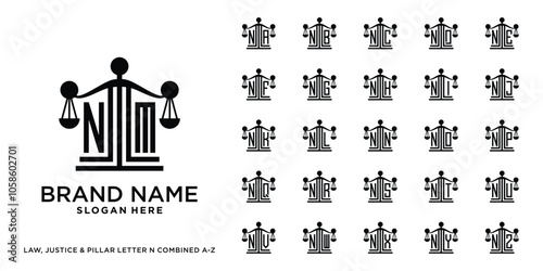 Set of justice, pillar, and law logo design initial n combined with letter a to z