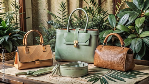 Stylish leather handbags displayed on a wooden table surrounded by lush greenery. photo