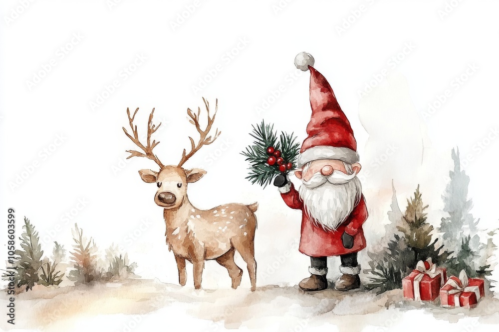 Cheerful Santa Claus gnome with reindeer surrounded by festive gifts and winter scenery. Cheerful Santa Claus gnome with reindeer surrounded by festive gifts and winter scenery.