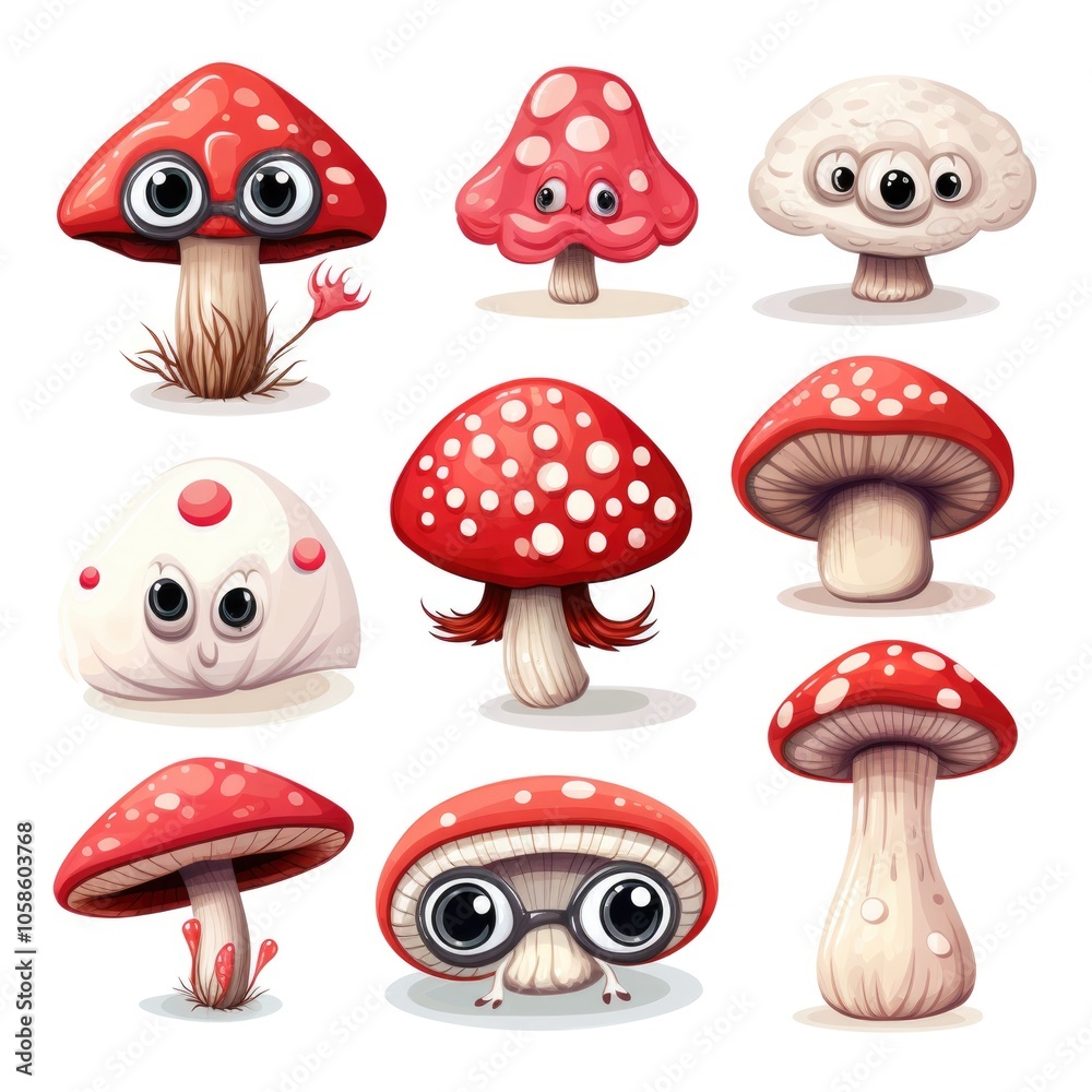 Fototapeta premium Adorable cartoon mushrooms with cute expressions and big eyes