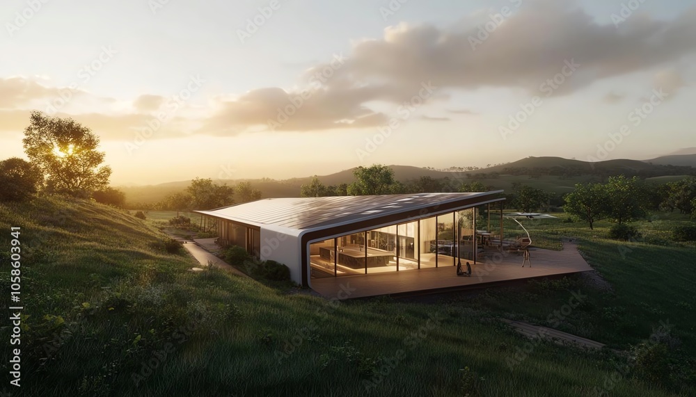 A modern architectural house nestled in a green landscape under a golden sunset, showcasing sleek lines and large windows. The exterior blends nature with contemporary design. A modern architectural house nestled in a green landscape under a golden sunset, showcasing sleek lines and large windows. The exterior blends nature with contemporary design.