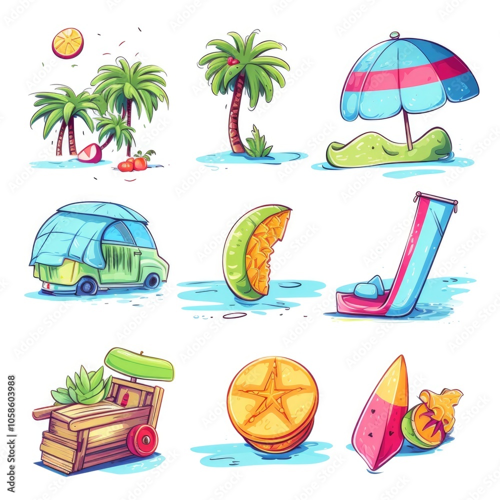 Naklejka premium Summer beach icons: tropical vibes with pineapple, umbrella, and palm tree illustrations