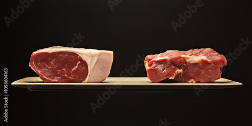 Slices of pork and beef are precariously balanced on the edge, symbolizing an overabundance of animal protein in our diets. photo