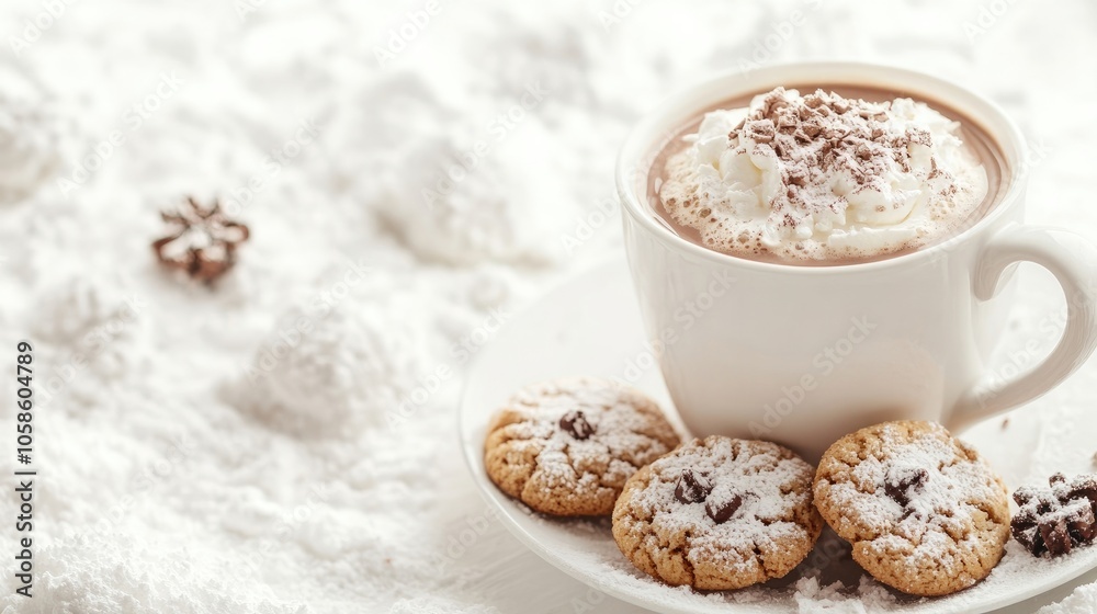 Cozy winter scene created with hot chocolate and cookies, perfect for evoking warmth. Ideal high-quality photo with ample copy space for text or design elements. Cozy winter scene created with hot chocolate and cookies, perfect for evoking warmth. Ideal high-quality photo with ample copy space for text or design elements.