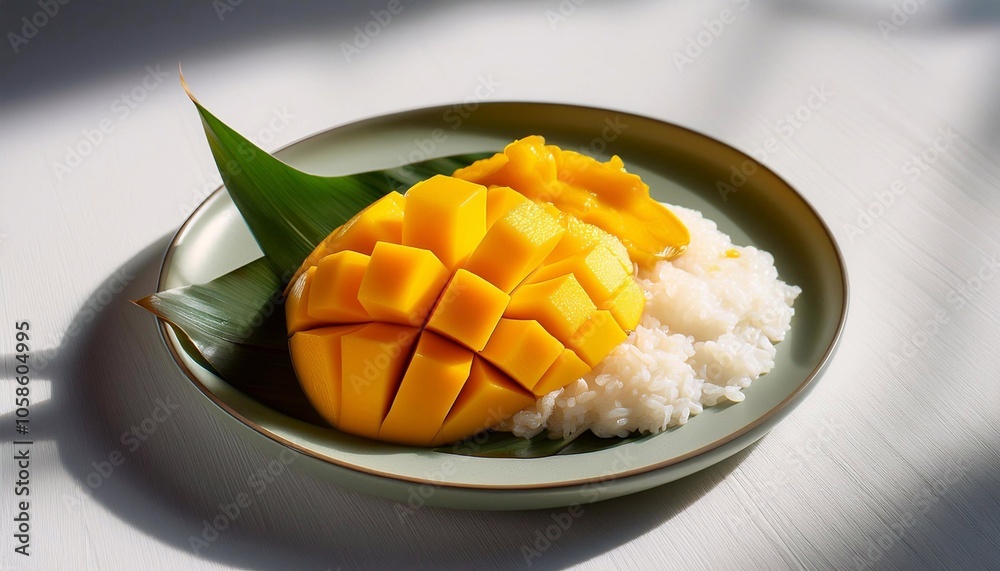Ripe mango and sticky rice on wooden table Ripe mango and sticky rice on wooden table