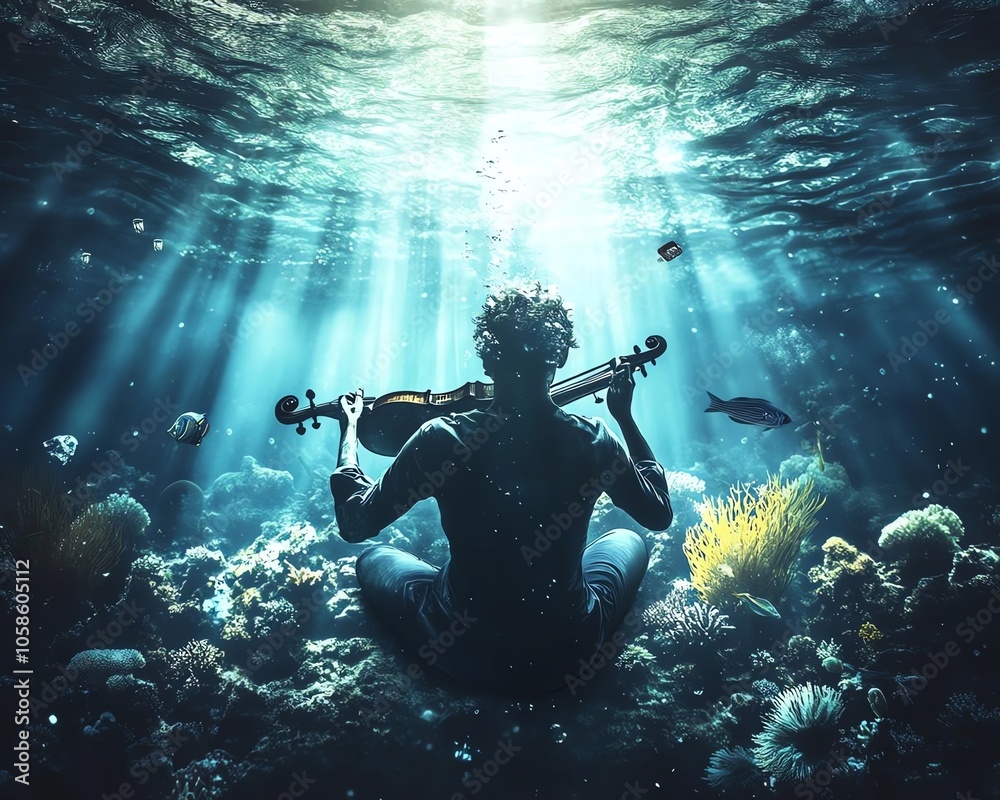 A silhouette of a person playing the violin underwater amidst vibrant coral reefs and fish, illuminated by beams of light filtering through the water's surface. A silhouette of a person playing the violin underwater amidst vibrant coral reefs and fish, illuminated by beams of light filtering through the water's surface.