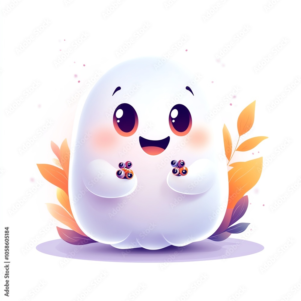 cute ghost holding tiny eyeballs as treats, smiling, cartoonish style, soft lines, pastel tones, lighthearted and quirky Halloween mood