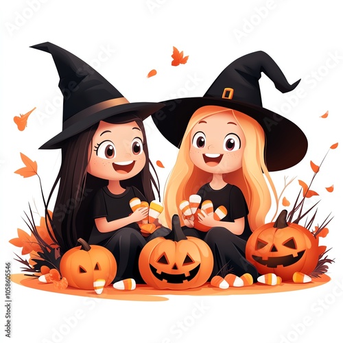 cute trickortreaters with candy corn, happily collecting treats, cartoonish style, simple lines, pastel tones, friendly and inviting Halloween scene