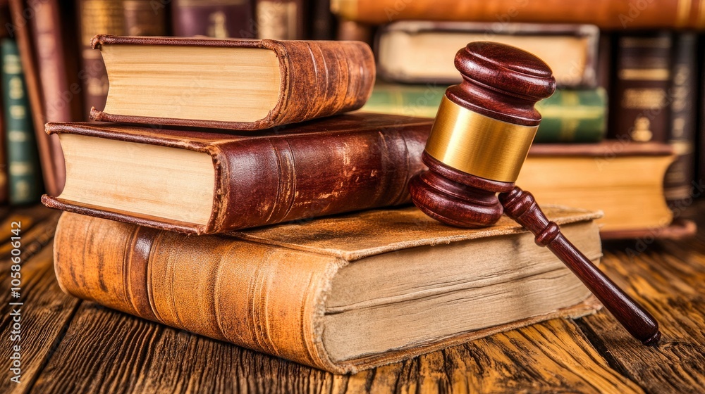 Gavel and Law Books on Wooden Table Gavel and Law Books on Wooden Table