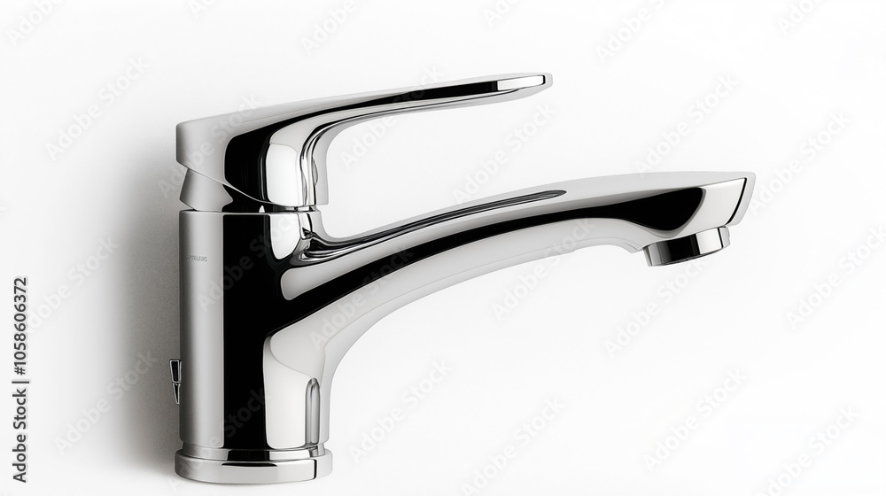 Close-up of a modern chrome bathroom faucet with a single lever, mounted on a white background. Features sleek design and reflective surface for contemporary interior decor. Close-up of a modern chrome bathroom faucet with a single lever, mounted on a white background. Features sleek design and reflective surface for contemporary interior decor.