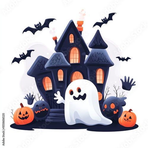 whimsical haunted house with friendly ghouls waving, cartoonish style, soft lines, pastel colors, spooky yet charming mood photo