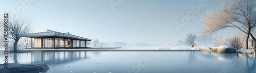 A tranquil landscape featuring a serene lake, a modern house, and winter trees under a clear, blue sky, inviting a sense of peace and natural beauty.