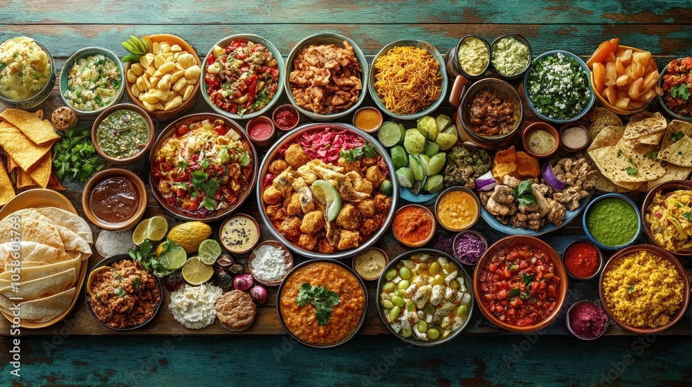 A vibrant spread of diverse dishes on a wooden table. A vibrant spread of diverse dishes on a wooden table.