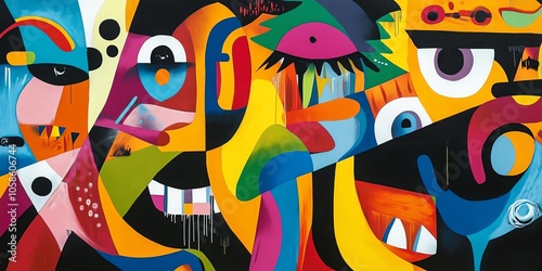 A vibrant abstract artwork featuring colorful faces and expressions, showcasing a fusion of shapes and hues, perfect for enhancing creativity and inspiration.