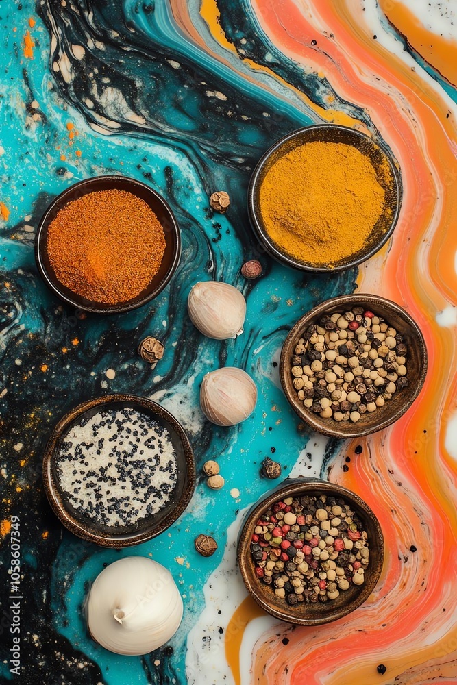 A vibrant arrangement of various spices in bowls, set against a colorful, abstract background, showcasing culinary diversity and creativity. A vibrant arrangement of various spices in bowls, set against a colorful, abstract background, showcasing culinary diversity and creativity.