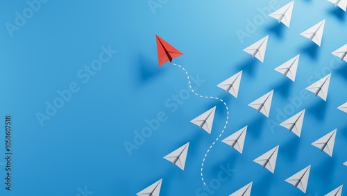 Group of paper planes in one direction and with one individual pointing in the different way. Business concept for innovative solution.3D rendering on blue background.