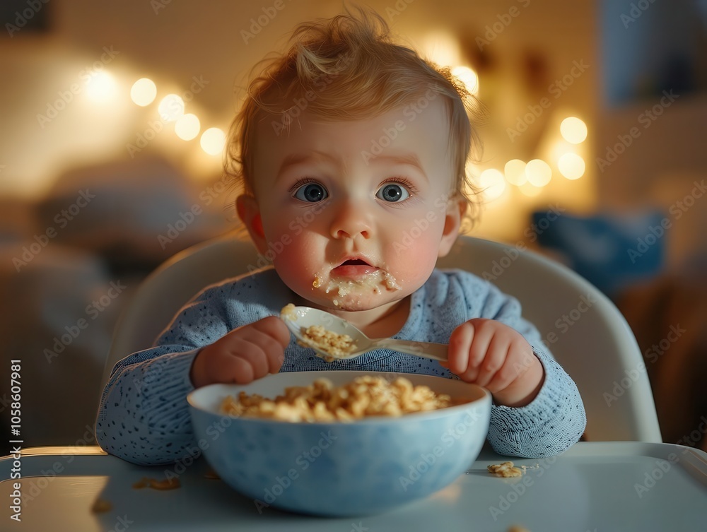 A baby holding a spoon while looking curiously at a bowl of oatmeal, high chair, soft lighting, clean background A baby holding a spoon while looking curiously at a bowl of oatmeal, high chair, soft lighting, clean background