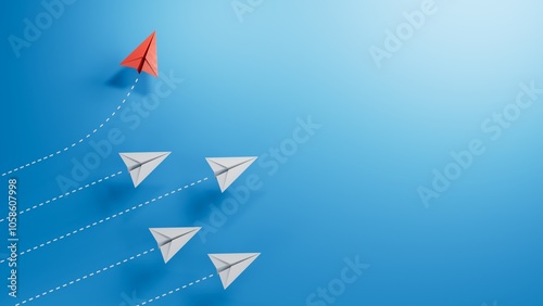 Different business concept.Red paper plane changing direction from white paper plane. new ideas. paper art style. creative idea.3D rendering on blue background.