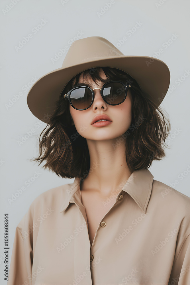 Fashionable woman with short brown hair wearing a beige hat, sunglasses, and a matching shirt, embodies minimalist style in a studio setting Fashionable woman with short brown hair wearing a beige hat, sunglasses, and a matching shirt, embodies minimalist style in a studio setting