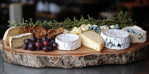 A selection of cheeses displayed on a wooden charcuterie board includes Brie, Camembert, and Blue Cheese, showcasing a delightful variety of flavors and textures.