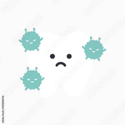 Sick bacteria tooth character icon. Healthcare, dental, medicine, treatment, hygiene, oral care concepts. Flat cartoon vector design isolated illustration.