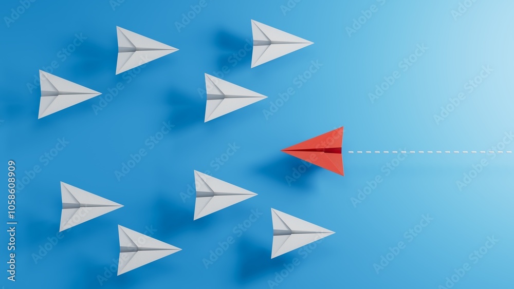 Differentiation concept with paper planes.new ideas. paper art style. creative idea.3D rendering on blue background. Differentiation concept with paper planes.new ideas. paper art style. creative idea.3D rendering on blue background.