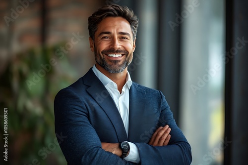 Confident Businessman in Blue Suit Smiling by Window1