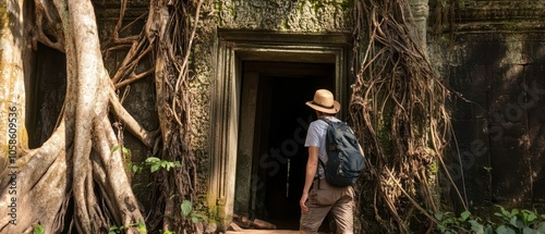 A traveler approaches an ancient doorway engulfed by roots, hinting at the intersection of nature and history.