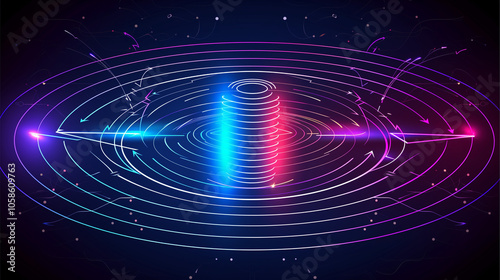Abstract magnetic field visualization with glowing lines and arrows representing the flow of magnetic force around a central object in a dark, empty space. 