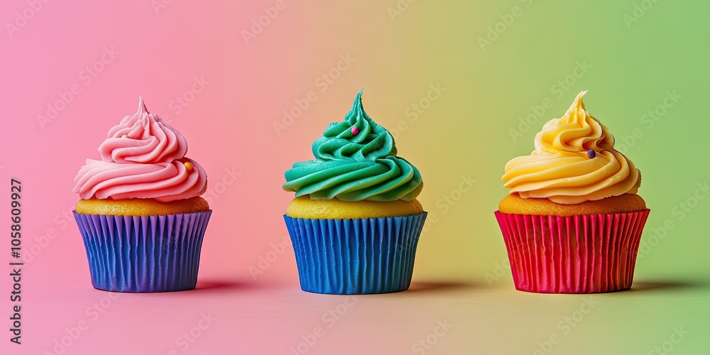 Three colorful cupcakes are displayed against a matching background, creating a lively and cheerful presentation that highlights their vibrant appearance.